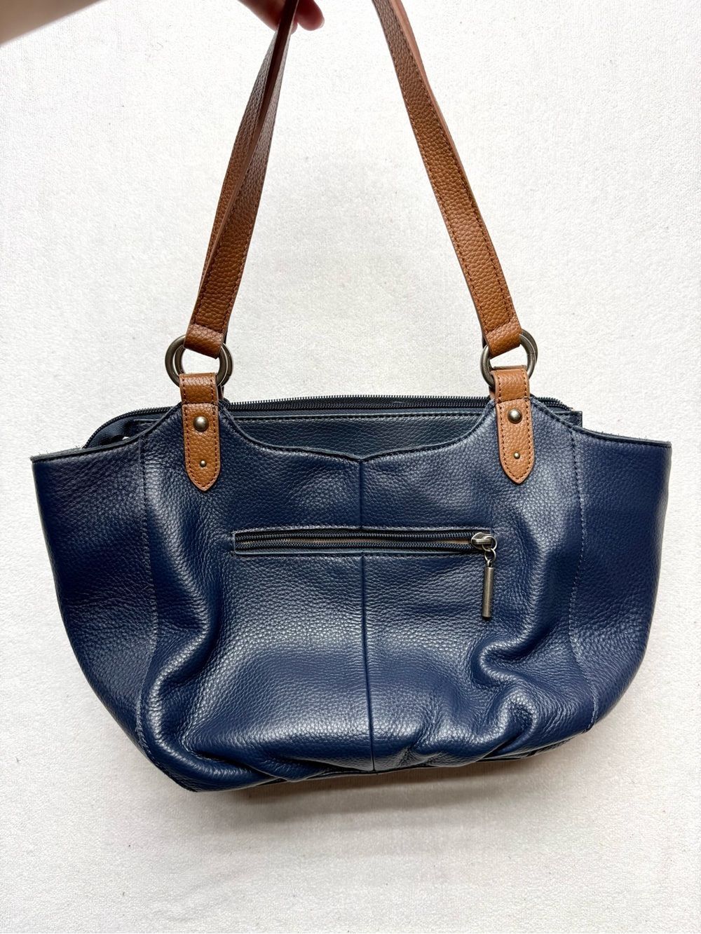 The Sak Navy Leather Shoulder Bag with Brown Straps - Picture 2 of 10